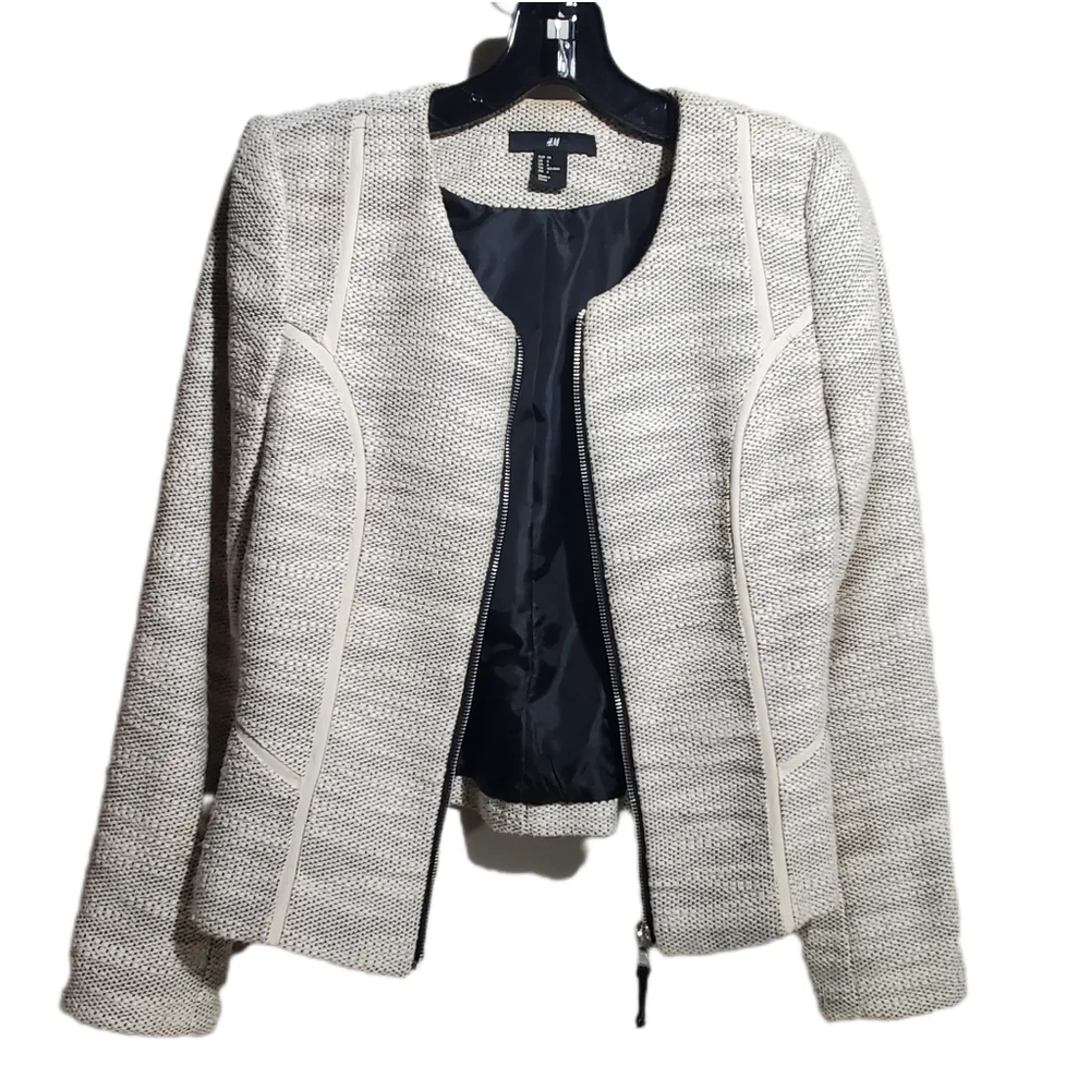 H&M Ivory & Black Tweed Cropped Lined Jacket